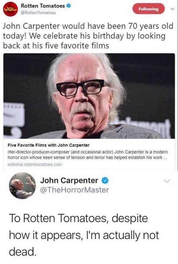 rotten tomatoes john carpenter - Rotten Tomatoes Tomatoes ing John Carpenter would have been 70 years old today! We celebrate his birthday by looking back at his five favorite films Five Favorite Films with John Carpenter riterdirectorproducercomposer and