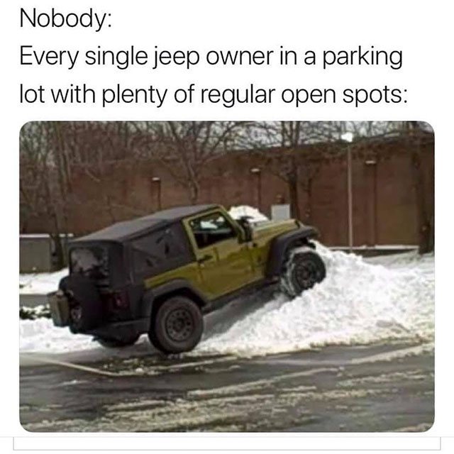 nobody jeep owners meme - Nobody Every single jeep owner in a parking lot with plenty of regular open spots