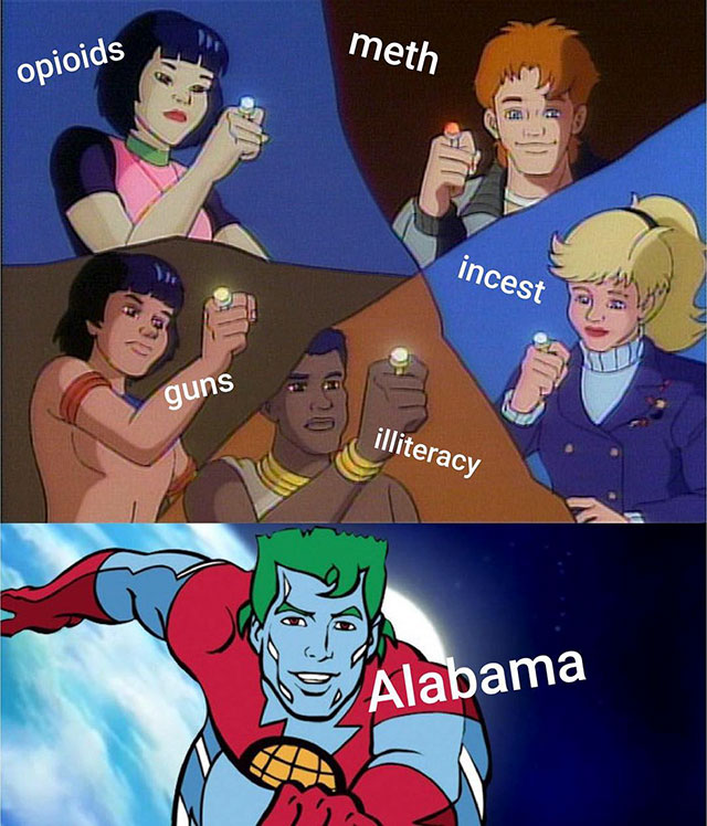 "captain planet and the planeteers" (1990) - meth opioids incest guns illiteracy Alabama