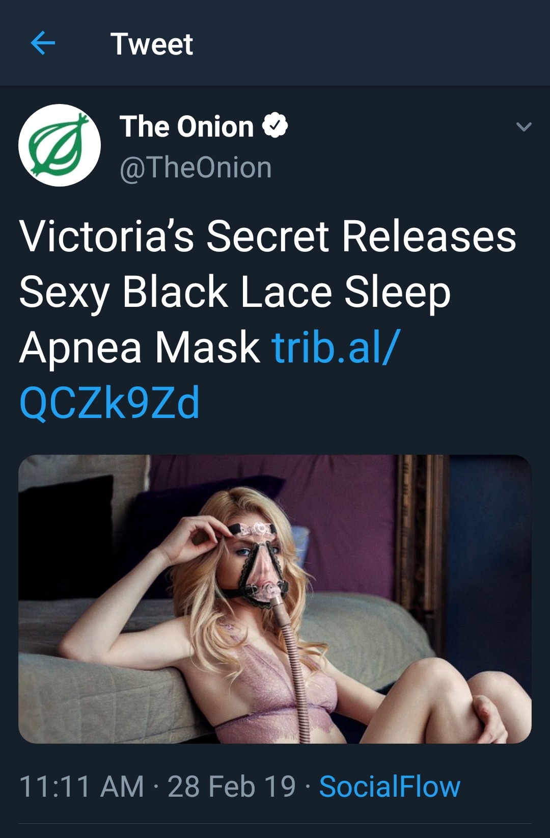 sleep apnea sexy - Tweet The Onion Victoria's Secret Releases Sexy Black Lace Sleep Apnea Mask trib.al QCZK9Zd 28 Feb 19. SocialFlow