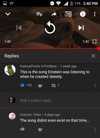 missed  - screenshot - 4 11% Replies FastestPickle In The West. 1 week ago This is the song Einstein was listening to when he created obesity. de 1939 7 Add a public .. UnicornChan . 3 days ago The song didint even exist on that time...