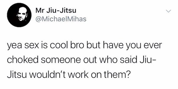 white people chips meme - Mr JiuJitsu Mihas yea sex is cool bro but have you ever choked someone out who said Jiu Jitsu wouldn't work on them?