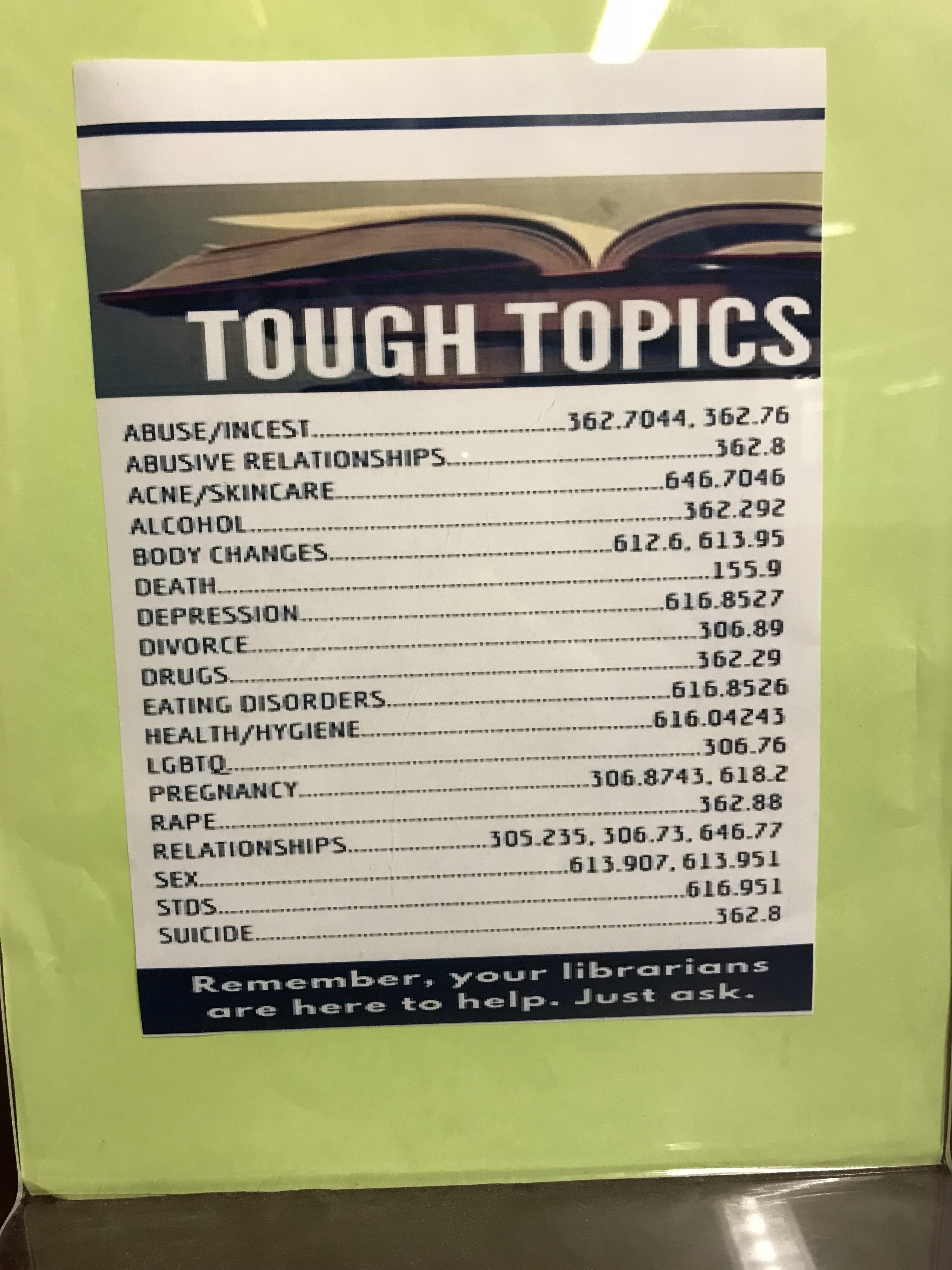 library signs tough topics - Tough Topics AbuseIncest 362.7044, 362.76 Abusive Relationships.... 362.8 AcneSkincare 646.7046 Alcohol 362292 Body Changes 612.6.613.95 Death... 155.9 Depression... 616.8527 Divorce 306.89 Drugs 362.29 Eating Disorders 616.85