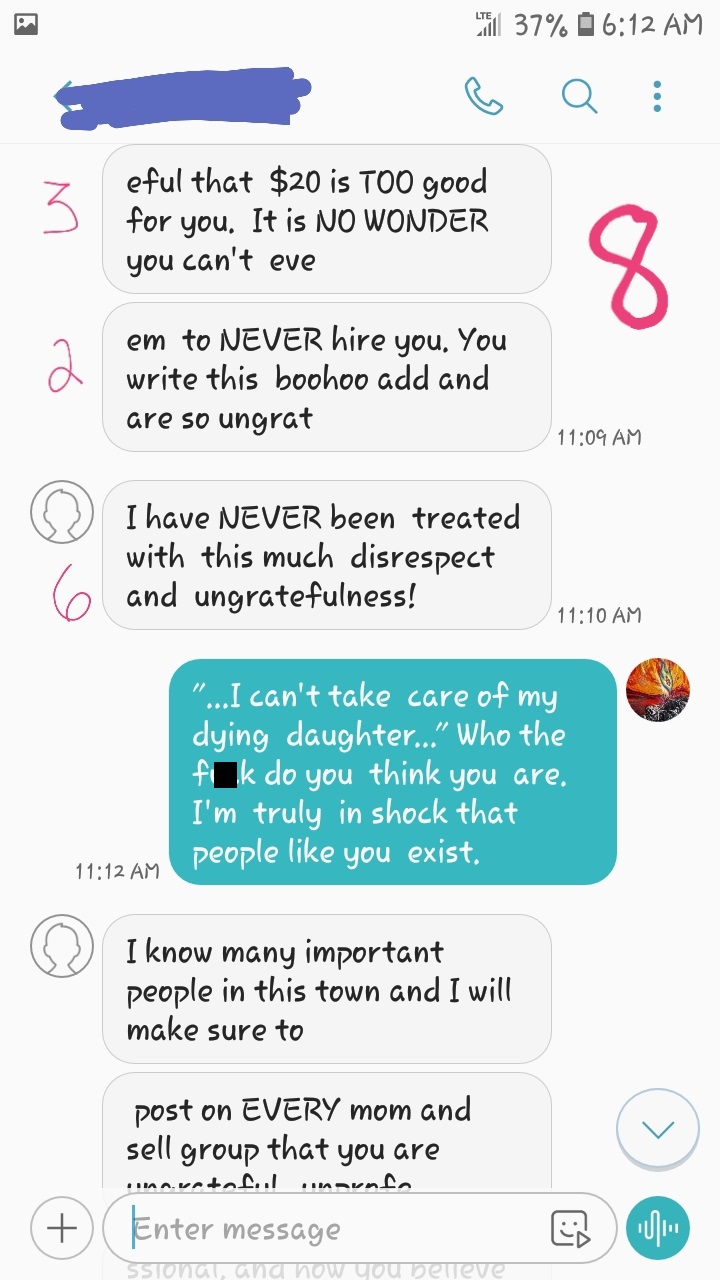 Scumbag wants heavily discounted housecleaning because this mother has a daughter with cancer.