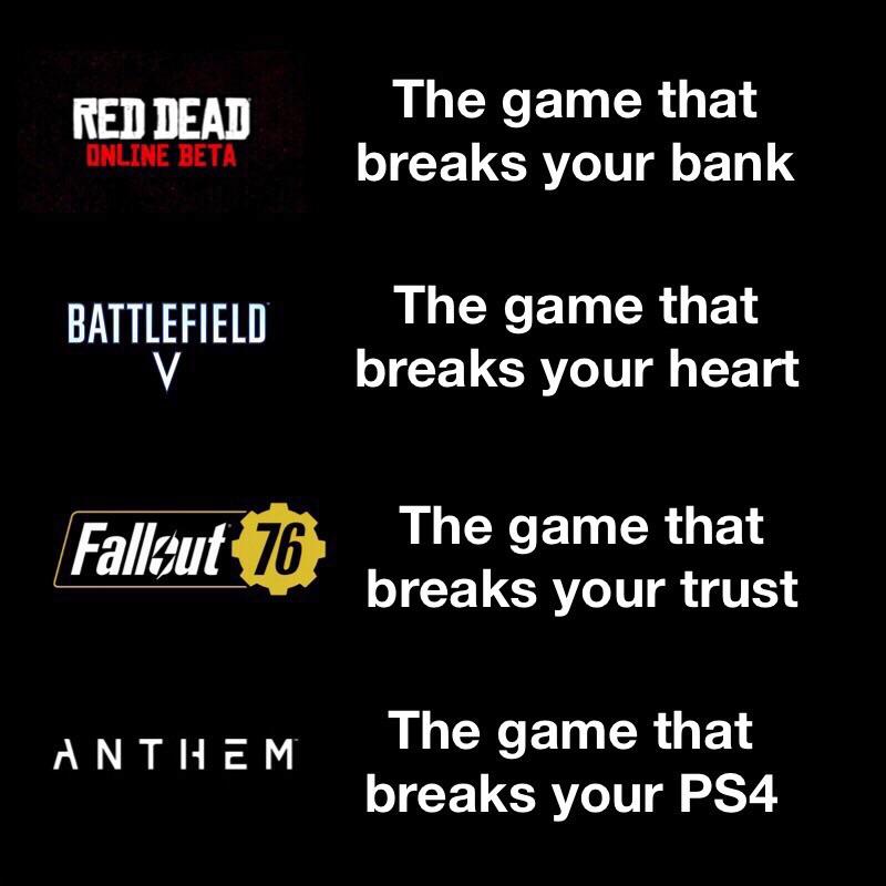 gaming memes - Red Dead The game that breaks your bank Online Beta Battlefield The game that breaks your heart Fallzut 76 The game that breaks your trust Anthem The game that breaks your PS4