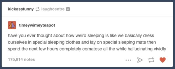 diagram - kickassfunny laughcentre timeywimeyteapot have you ever thought about how weird sleeping is we basically dress ourselves in special sleeping clothes and lay on special sleeping mats then spend the next few hours completely comatose all the while