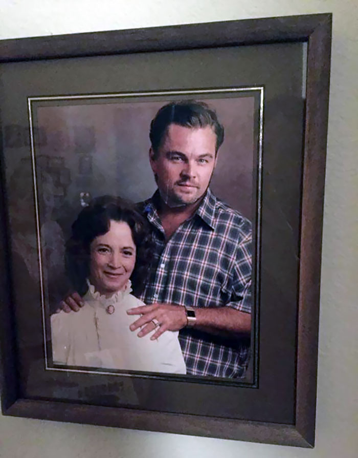 She put a cut-out of Leonardo DiCaprio over his grandfather's head.