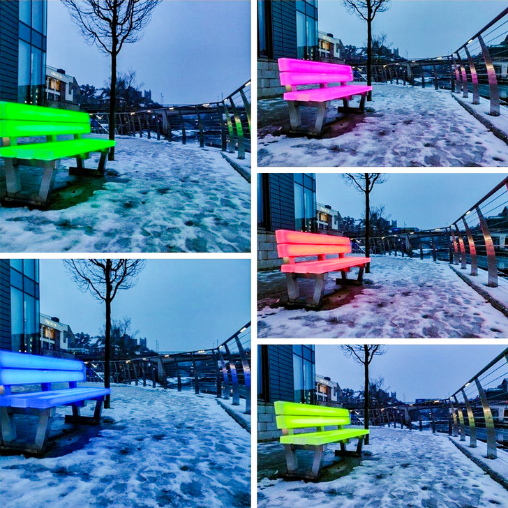 A LED bench that changes colors.