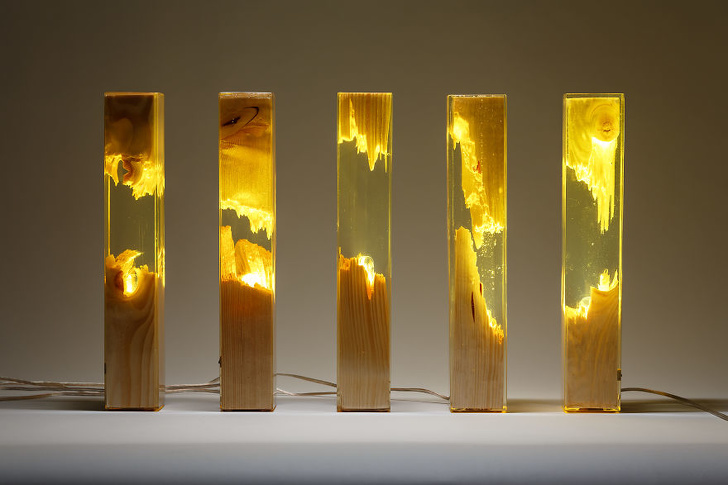 Wood and resin lamps.