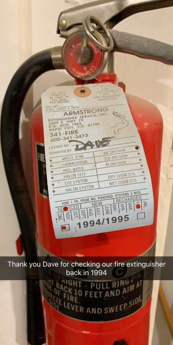 fire extinguisher - Oo ate Fire Marshall Full Wt Dot Cert A639 Armstrong Extinguisher Service, Inc. 2009 S. Hwy 79 Po Box 1462 Rapid City, S.D. 57709 341Fire 6053413473 License No D Aug Abc Dry Chem Std Dry Chem Pk Dry Chem Serviced By AfffLd Strm Carbon