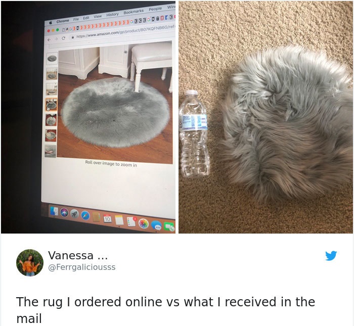 fur - Chrome File .. C C Edit View History Bookmarks People Win 333333333333320 Roll over image to zoom in Vanessa ... The rug I ordered online vs what I received in the mail
