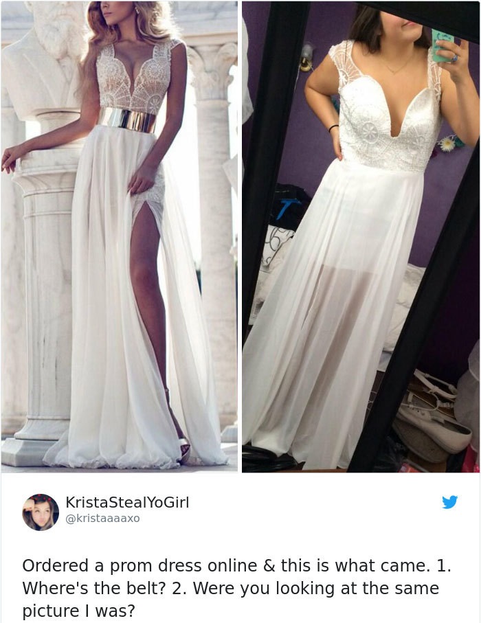 slit wedding dresses - Krista Steal YoGirl Krista Ordered a prom dress online & this is what came. 1. Where's the belt? 2. Were you looking at the same picture I was?