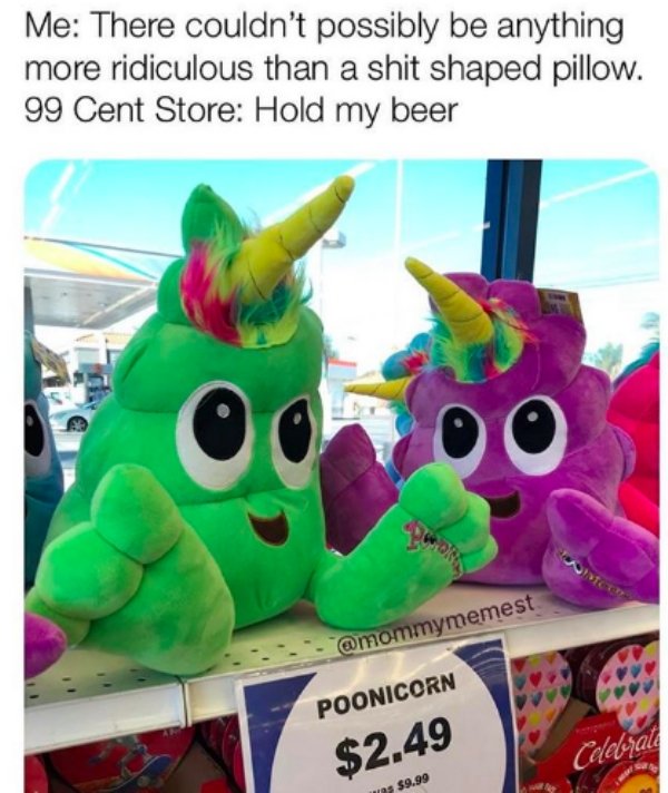 99 cent store meme - Me There couldn't possibly be anything more ridiculous than a shit shaped pillow. 99 Cent Store Hold my beer Poonicorn $2.49 Cadeau Us $9.99