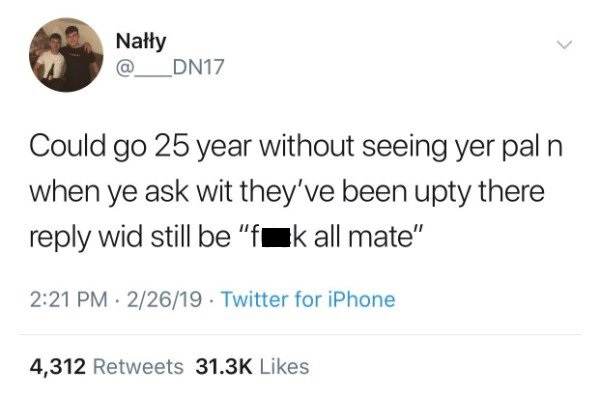 tweet - document - Nay DN17 Could go 25 year without seeing yer pal n when ye ask wit they've been upty there wid still be "fak all mate" 22619 Twitter for iPhone 4,312