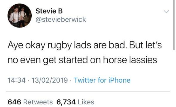 tweet - louder for the people in the back - Stevie B Aye okay rugby lads are bad. But let's no even get started on horse lassies 13022019 Twitter for iPhone 646 6,734