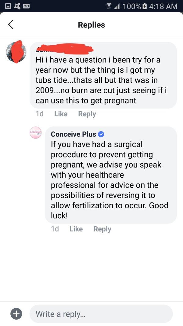 screenshot - U 100% Replies Hi i have a question i been try for a year now but the thing is i got my tubs tide...thats all but that was in 2009...no burn are cut just seeing if i can use this to get pregnant 1d Conce Conceive Plus If you have had a surgic