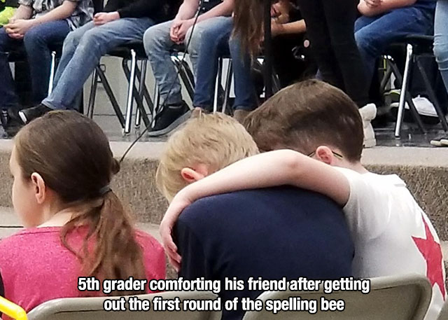 interaction - U 5th grader comforting his friend after getting out the first round of the spelling bee