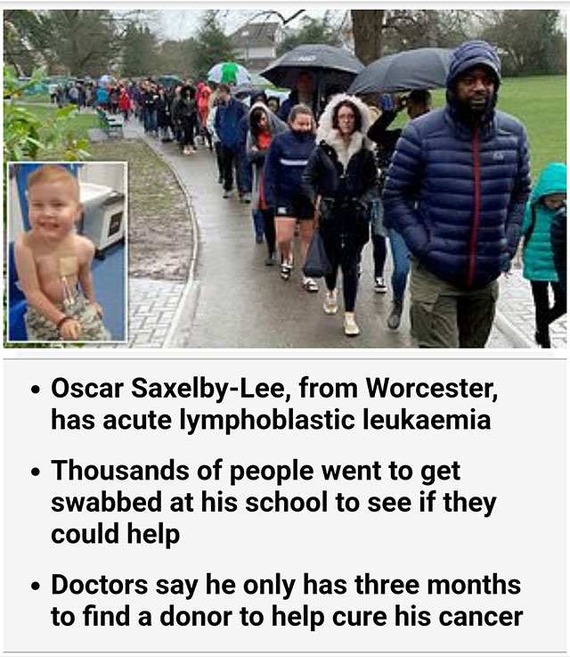 Stem cell - Oscar SaxelbyLee, from Worcester, has acute lymphoblastic leukaemia Thousands of people went to get swabbed at his school to see if they could help Doctors say he only has three months to find a donor to help cure his cancer