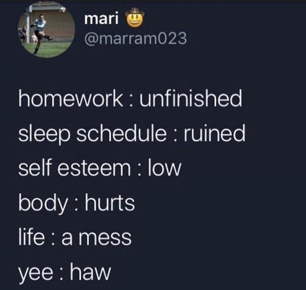 atmosphere - mari mari homework unfinished sleep schedule ruined self esteem low body hurts life a mess yee haw