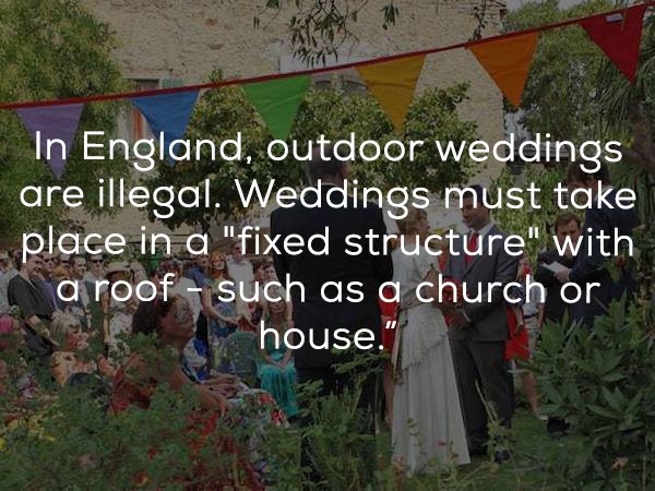 tree - In England, outdoor weddings are illegal. Weddings must take place in a "fixed structure" with a roof such as a church or house."
