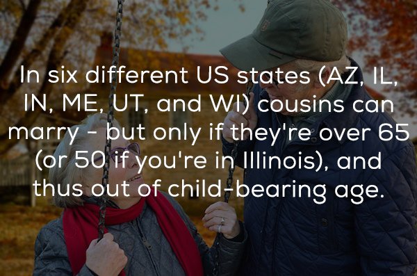 friendship - In six different Us states Az, Il, In, Me, Ut, and Wi cousins can marry but only if they're over 65 or 50 if you're in Illinois, and thus out of childbearing age.