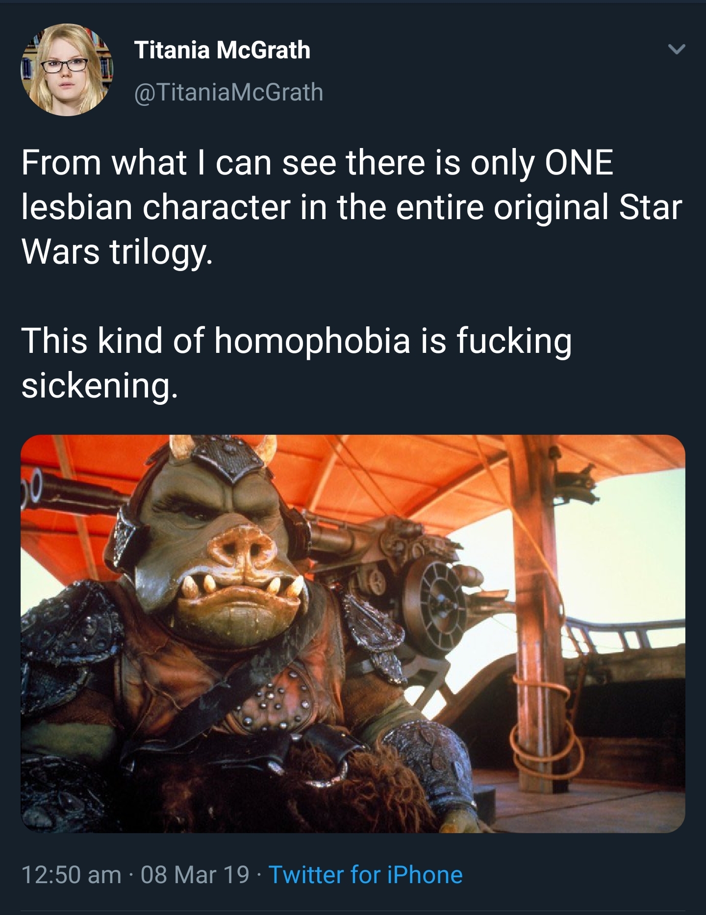star wars gamorrean guard - Titania McGrath McGrath From what I can see there is only One lesbian character in the entire original Star Wars trilogy. This kind of homophobia is fucking sickening. 08 Mar 19 Twitter for iPhone