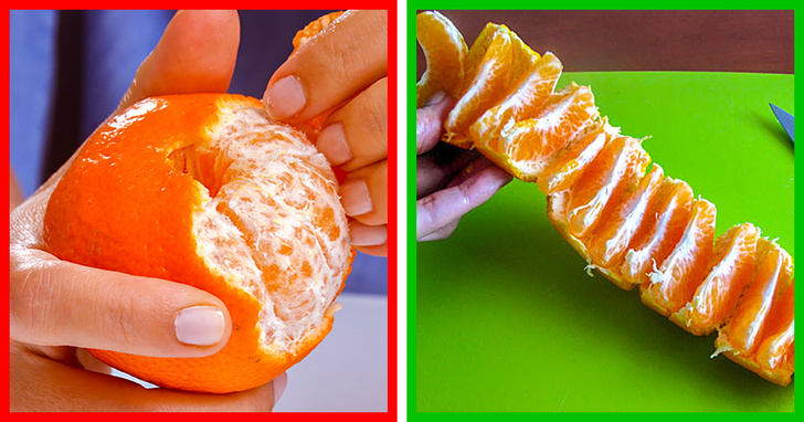 Peel an orange by unrolling it.