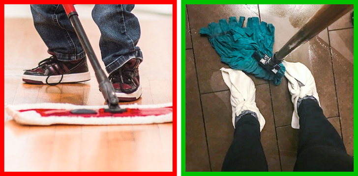 Put cloth around your feet when mopping, this keeps your feet dry.