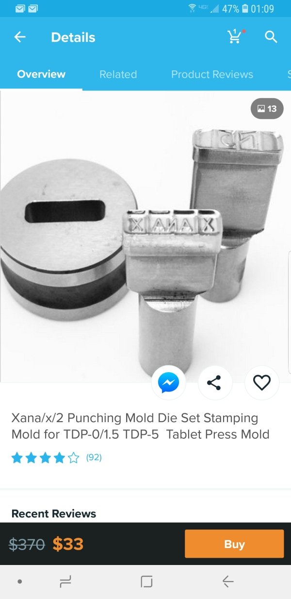46,47% Details Overview Related Product Reviews 13 Xanax2 Punching Mold Die Set Stamping Mold for Tdp01.5 Tdp5 Tablet Press Mold 92 Recent Reviews $370 $33 Buy