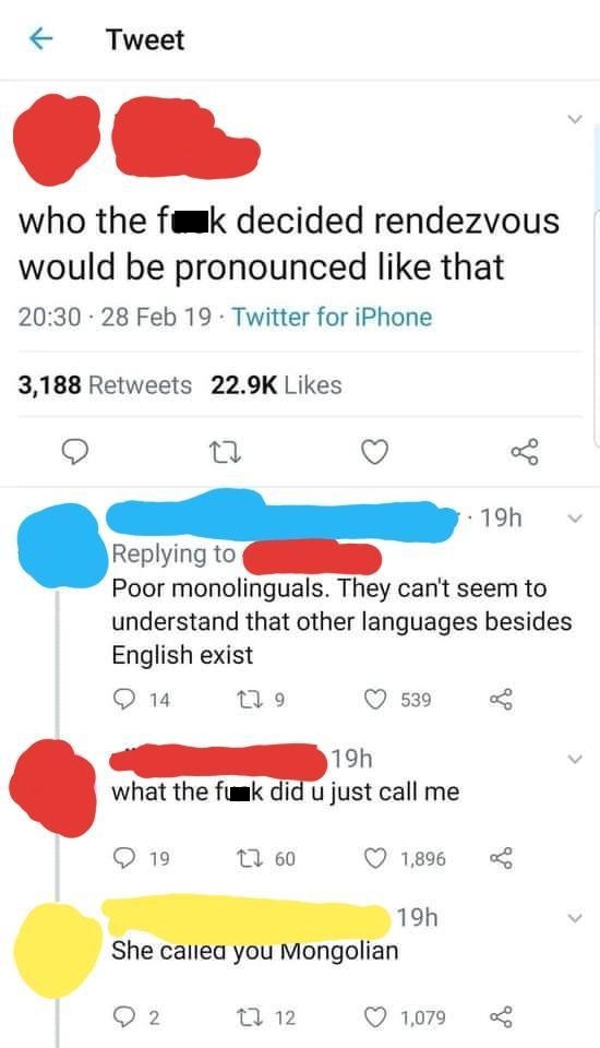 monolingual meme - Tweet who the fak decided rendezvous would be pronounced that 28 Feb 19. Twitter for iPhone 3,188 19h Poor monolinguals. They can't seem to understand that other languages besides English exist 14 129 539 19h what the fuuk did u just ca