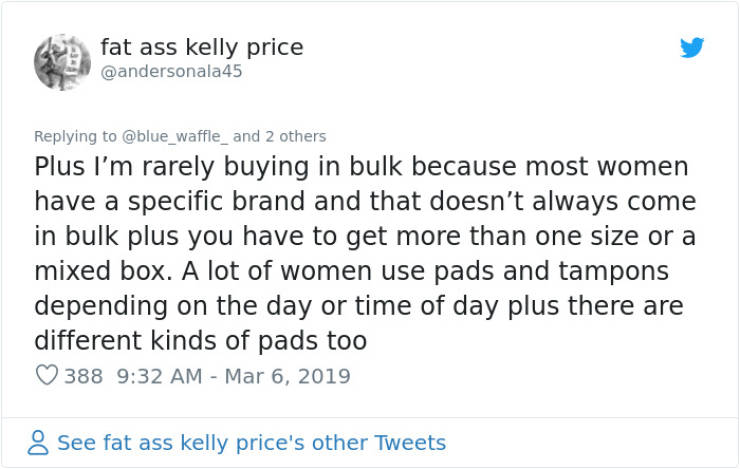 Man tells women to stop complaining about tampon prices and gets taken down.