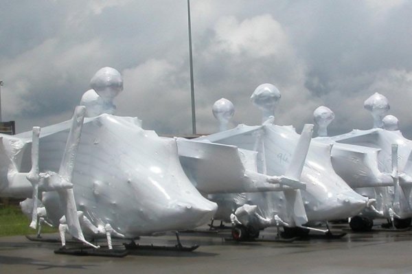 Shrink wrapped helicopters.