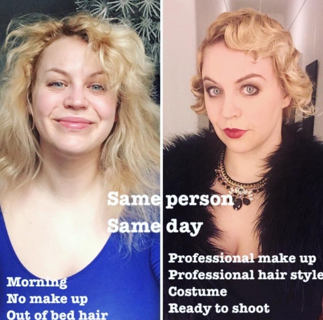 blond - Same person, Same day Morning No make up Out of bed hair Professional make up Professional hair style Costume Ready to shoot