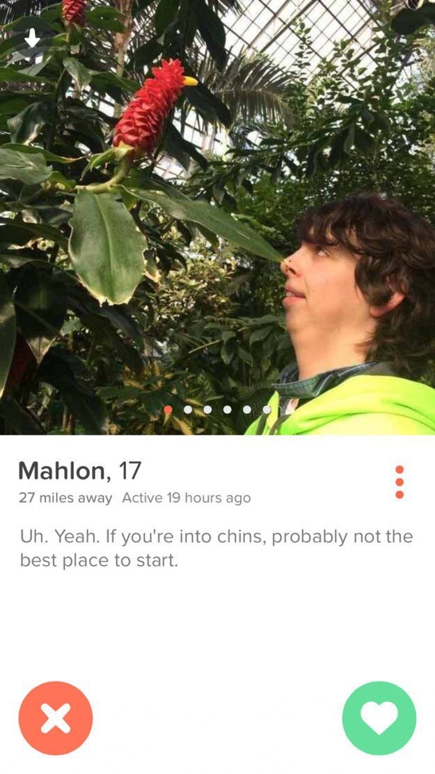 tinder - if you like chins tinder - Mahlon, 17 27 miles away Active 19 hours ago Uh. Yeah. If you're into chins, probably not the best place to start.