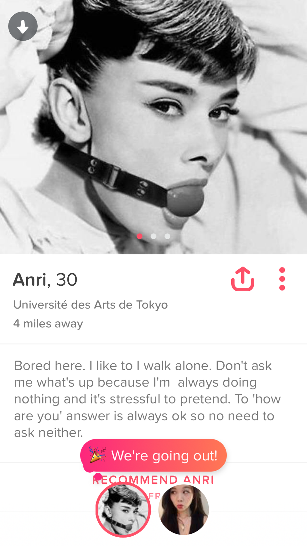 tinder - audrey hepburn sexy - Anri, 30 Universit des Arts de Tokyo 4 miles away Bored here. I to I walk alone. Don't ask me what's up because I'm always doing nothing and it's stressful to pretend. To 'how are you' answer is always ok so no need to ask n
