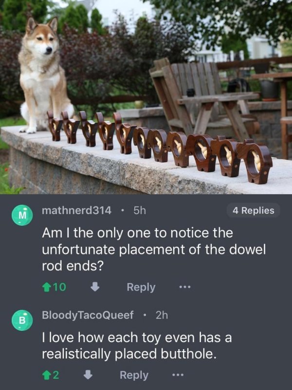 pet - mathnerd314 5h 4 Replies Am I the only one to notice the unfortunate placement of the dowel rod ends? 110 ... BloodyTacoQueef . 2h I love how each toy even has a realistically placed butthole. 12 ...