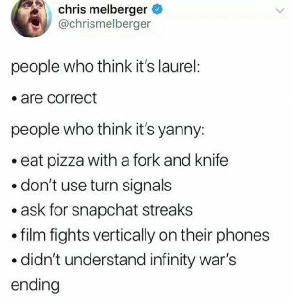 document - chris melberger people who think it's laurel are correct people who think it's yanny eat pizza with a fork and knife don't use turn signals ask for snapchat streaks film fights vertically on their phones didn't understand infinity war's ending