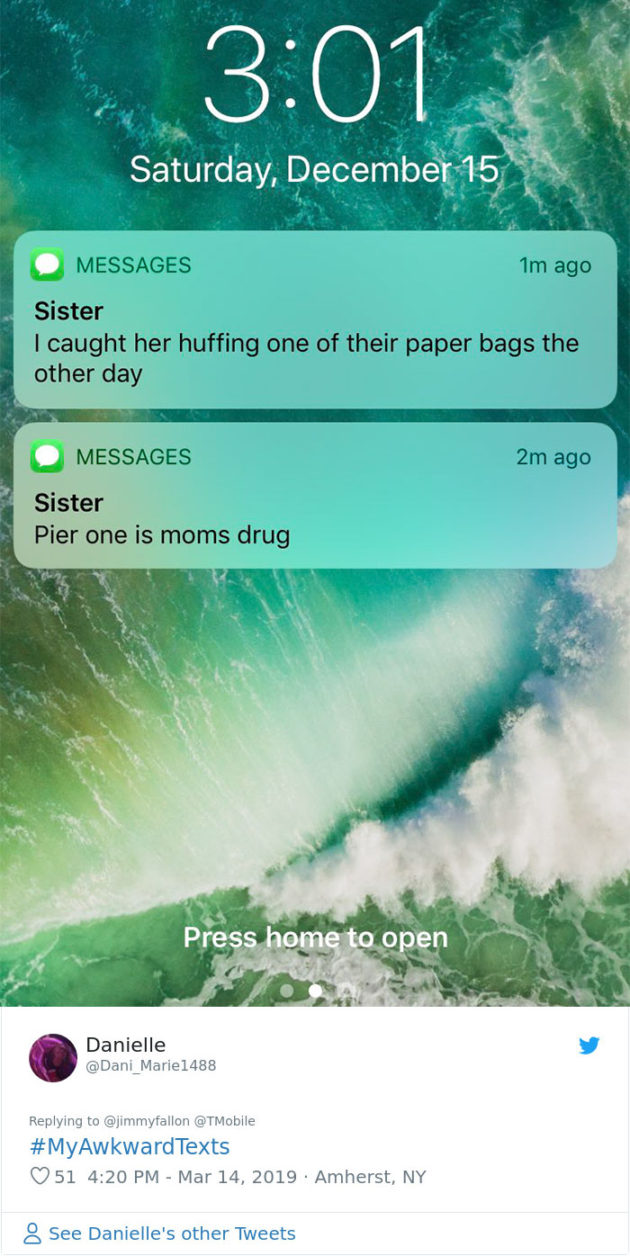 Saturday, December 15 Messages 1m ago Sister I caught her huffing one of their paper bags the other day 2m ago Messages Sister Pier one is moms drug Press home to open Danielle Marie1488 Texts 51 Amherst, Ny 8 See Danielle's other Tweets