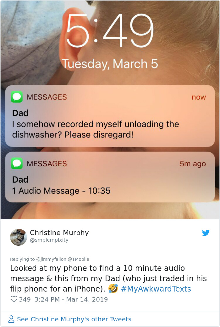 website - Tuesday, March 5 Messages now Dad I somehow recorded myself unloading the dishwasher? Please disregard! 5m ago Messages Dad 1 Audio Message Christine Murphy Looked at my phone to find a 10 minute audio message & this from my Dad who just traded 