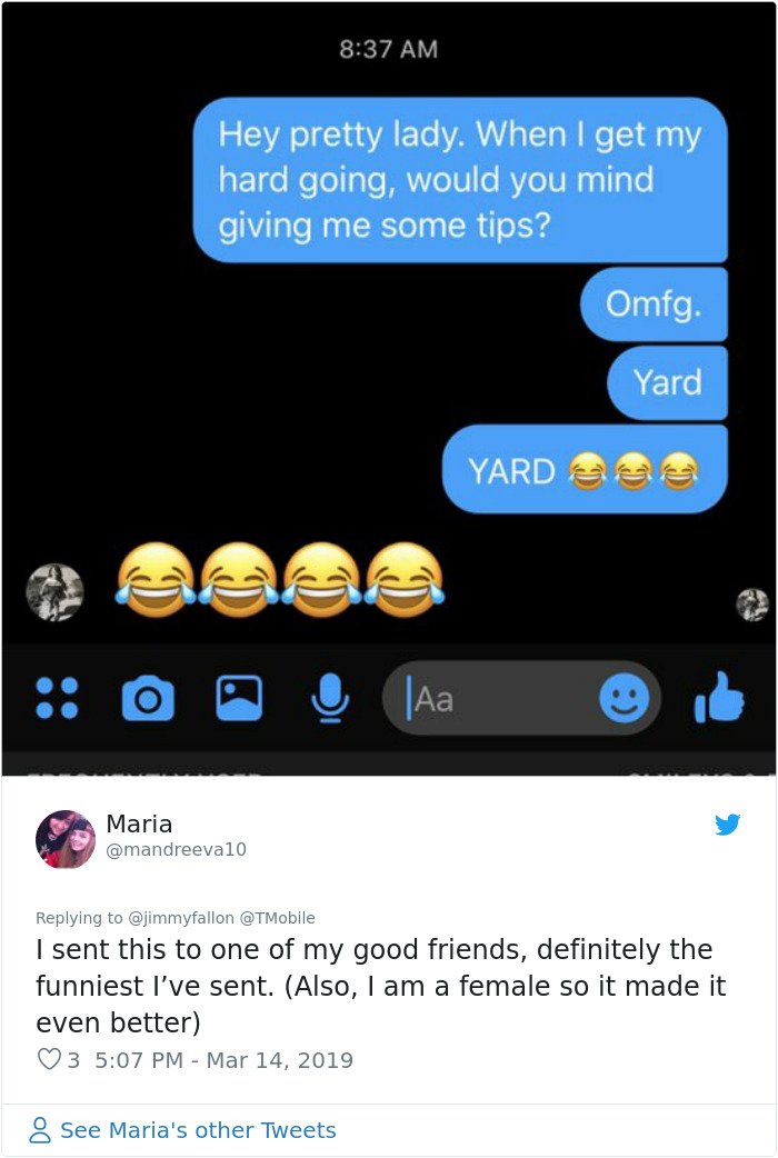 screenshot - Hey pretty lady. When I get my hard going, would you mind giving me some tips? Omfg. Yard Yard 3.83 O O O As @ in Maria I sent this to one of my good friends, definitely the funniest I've sent. Also, I am a female so it made it even better 3 