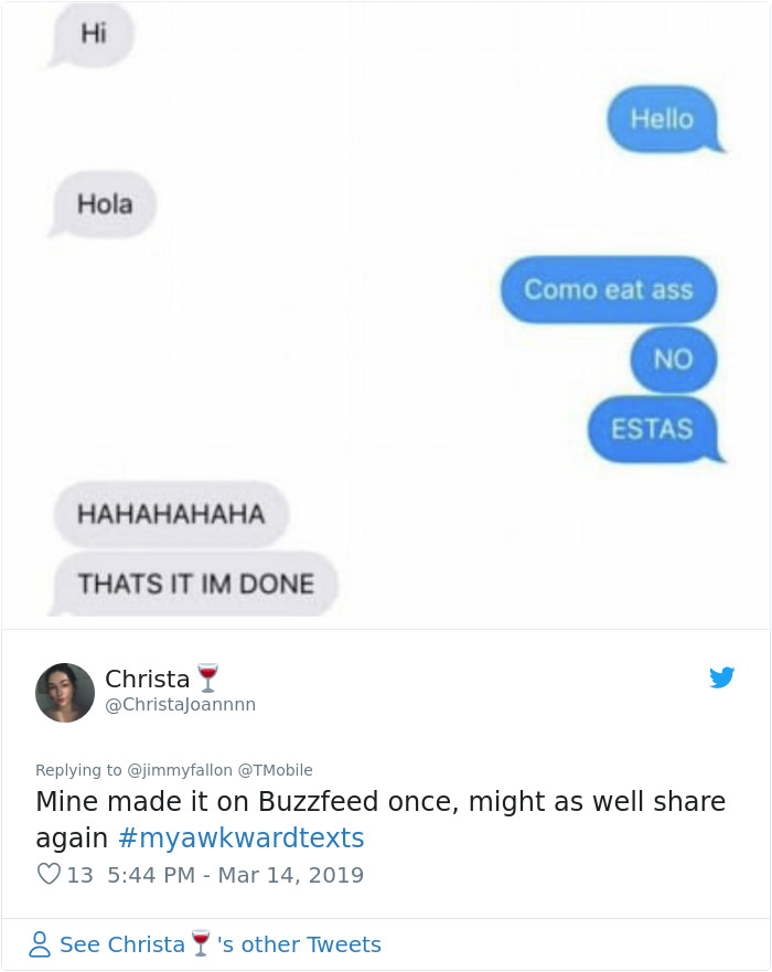 screenshot - Hello Hola Como eat ass No Estas Thats It Im Done Christa Mine made it on Buzzfeed once, might as well again 13 8 See Christa I 's other Tweets
