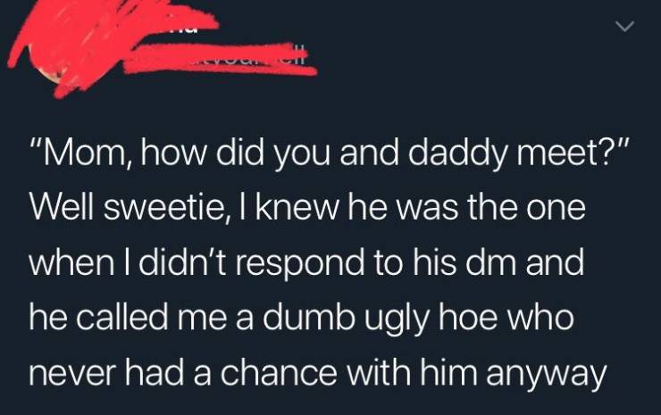 graphics - "Mom, how did you and daddy meet?" Well sweetie, I knew he was the one when I didn't respond to his dm and 'he called me a dumb ugly hoe who never had a chance with him anyway