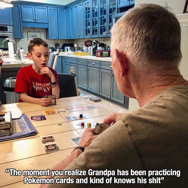 photo caption - Hamn Ins "The moment you realize Grandpa has been practicing Pokemon cards and kind of knows his shit"