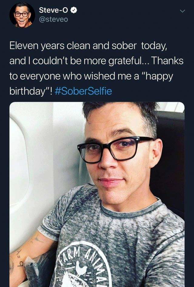 steve o sober - SteveO Eleven years clean and sober today, and I couldn't be more grateful... Thanks to everyone who wished me a "happy birthday"! Selfie