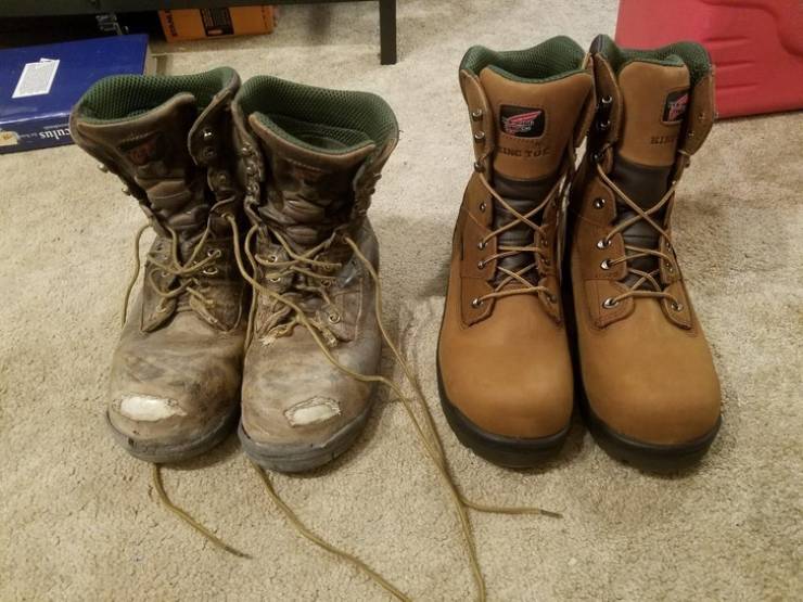 Old and new boots of a woodworker.
