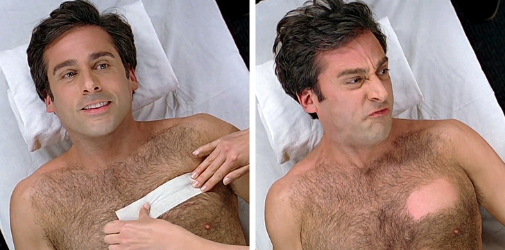 Steve Carell getting his chest hair removed in 40 year old virgin 