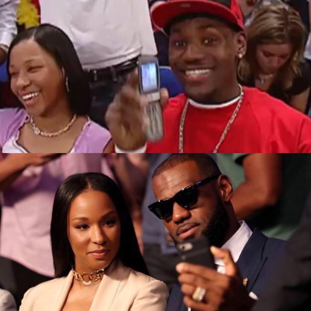 Lebron James and his wife Savannah during his 2003 rookie season (Top) and again in 2019 (Bottom).