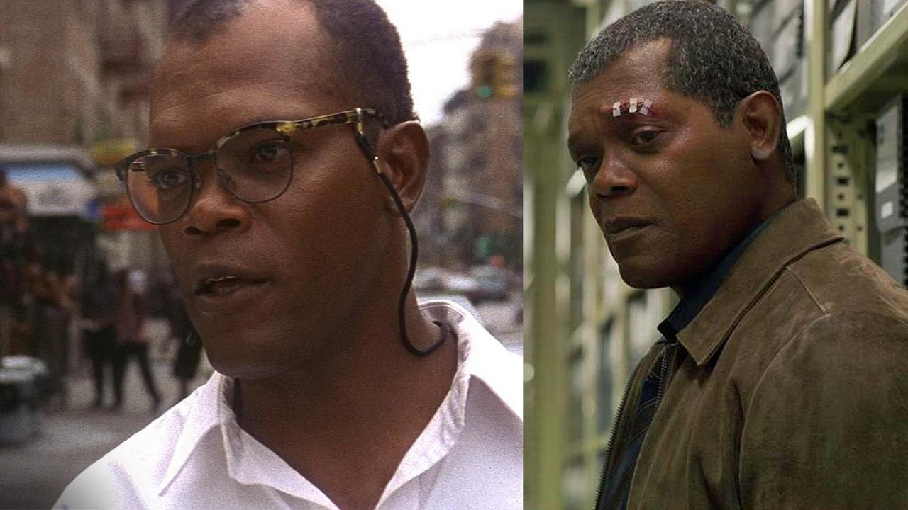 Samuel L Jackson in 1995 vs. him de-aged in Captain Marvel, which is set in 1995.