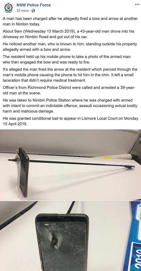 angle - Nsw Police Force 32 mins. A man has been charged after he allegedly fired a bow and arrow at another man in Nimbin today. About 9am Wednesday , a 43yearold man drove into his driveway on Nimbin Road and got out of his car. He noticed another man, 