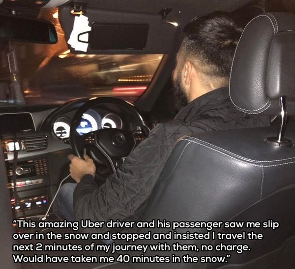 steering wheel - "This amazing Uber driver and his passenger saw me slip over in the snow and stopped and insisted I travel the next 2 minutes of my journey with them, no charge. Would have taken me 40 minutes in the snow."